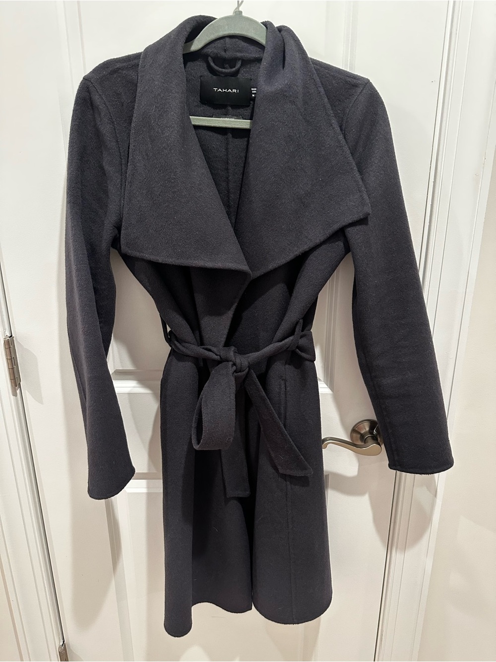 Tahari Blue Wool-Blend Belted Wrap Coat Medium